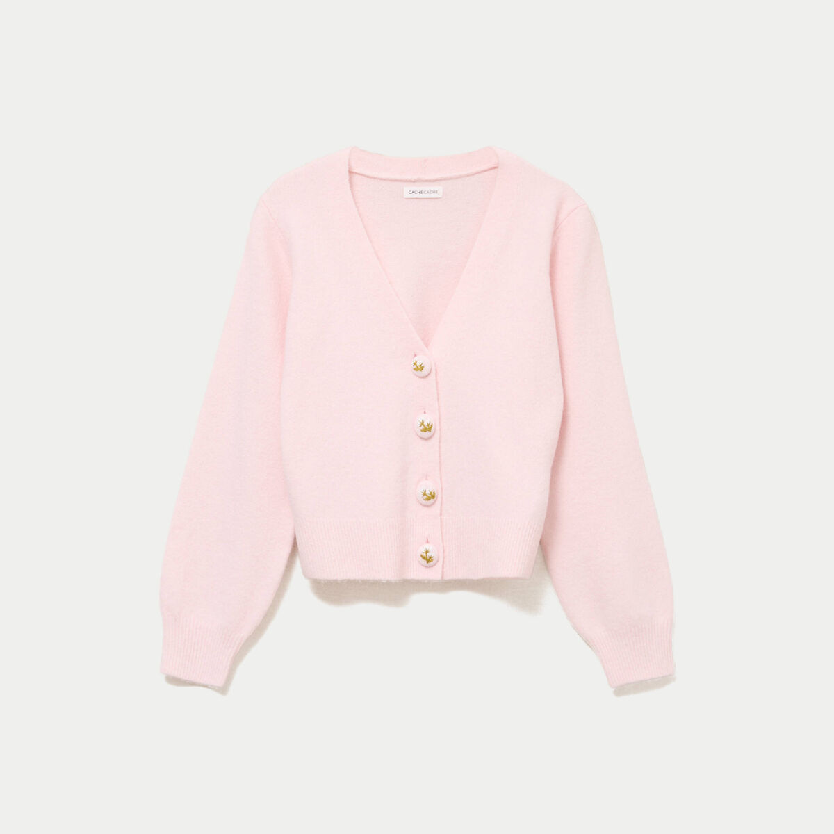 Gilet col v broderie manches longues rose clair femme
