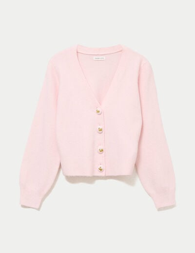 Gilet col v broderie manches longues rose clair femme