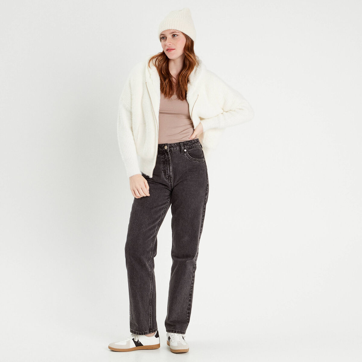 Gilet doubl&eacute; &agrave; capuche ecru femme