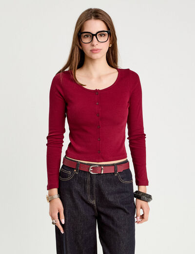 Gilet manches longues c&ocirc;tel&eacute; rouge fonc&eacute; femme