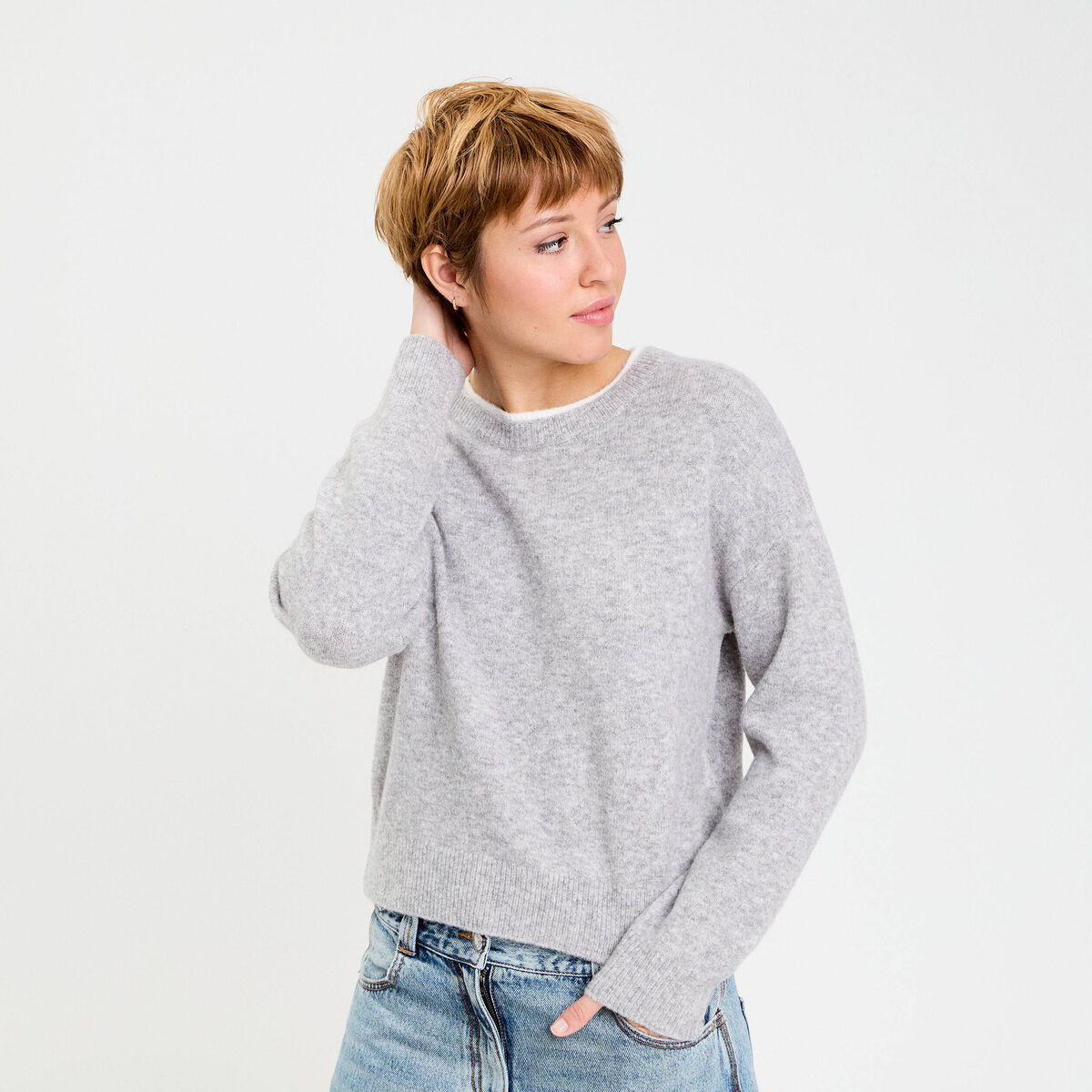 Pull col rond manches longues gris clair femme