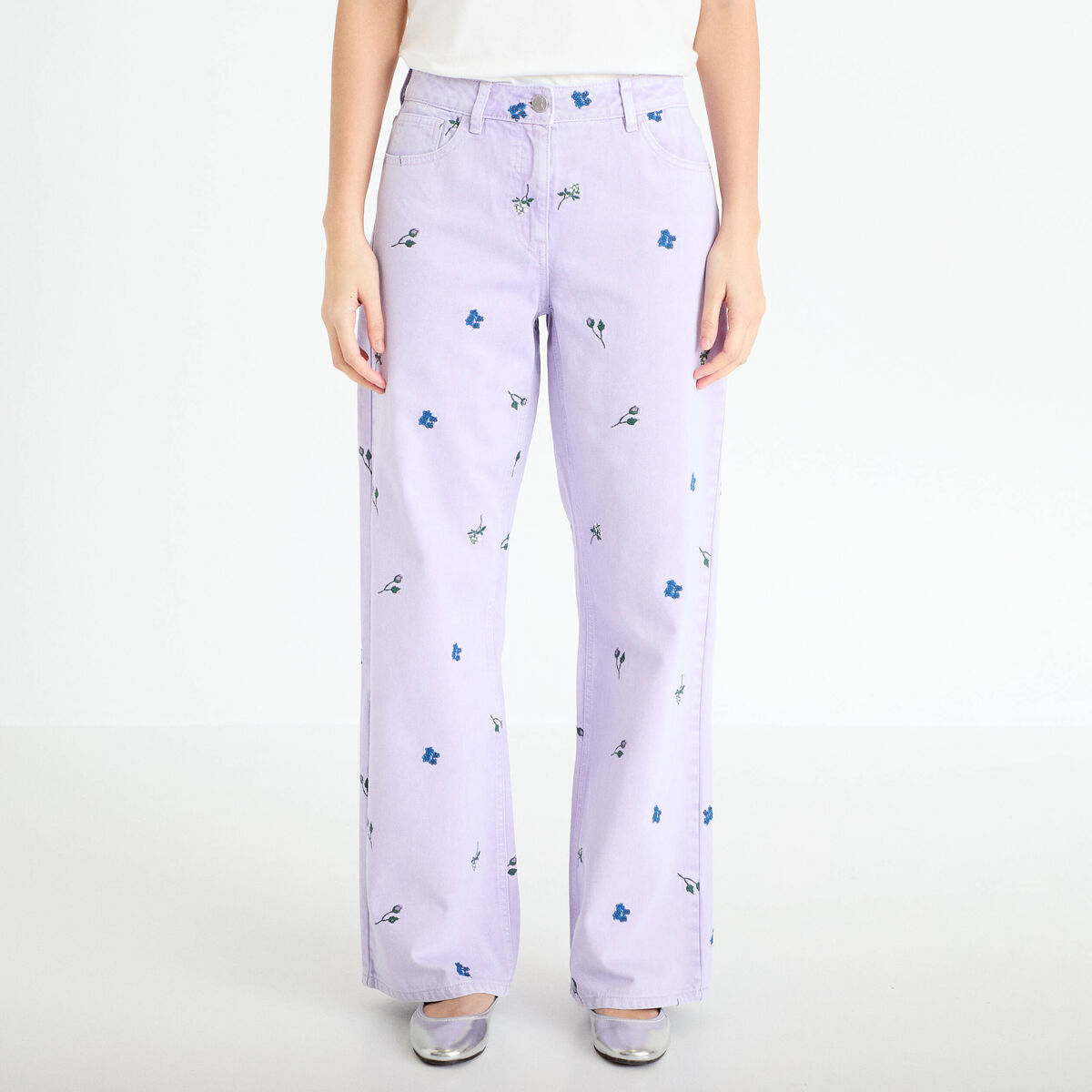 Jean wide leg brod&eacute; Bridgerton mauve femme