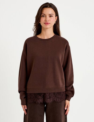 Sweat droit col rond d&eacute;tail dentelle marron fonc&eacute; femme