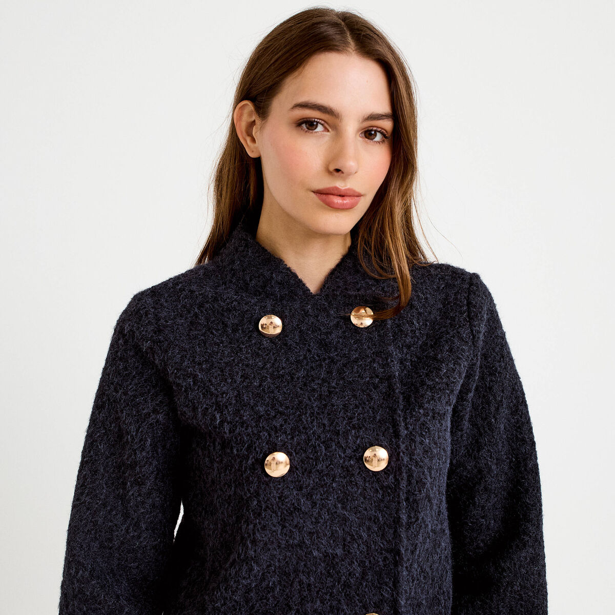Veste droite cropped effet polaire bleu marine femme
