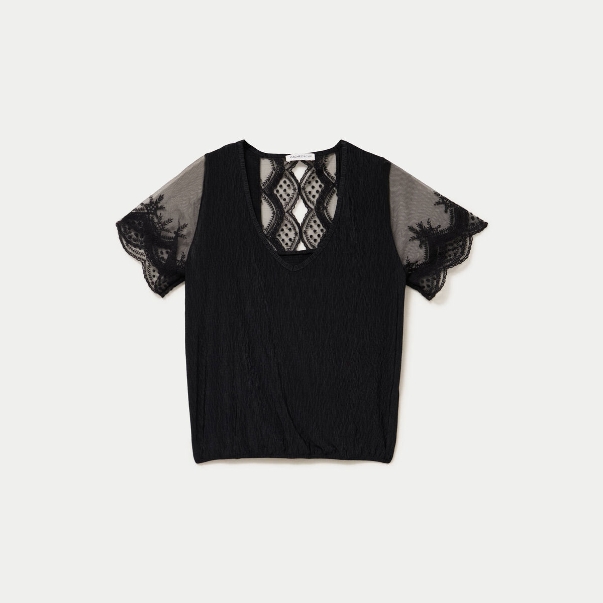 Blouse col v manches courtes dentelle noir femme