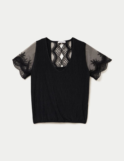 Blouse col v manches courtes dentelle noir femme