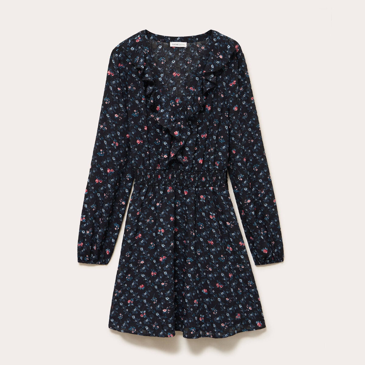Robe courte &eacute;vas&eacute;e col v manches longues noir femme