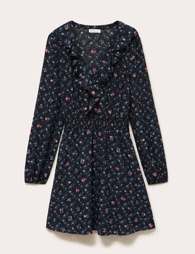 Robe courte &eacute;vas&eacute;e col v manches longues noir femme