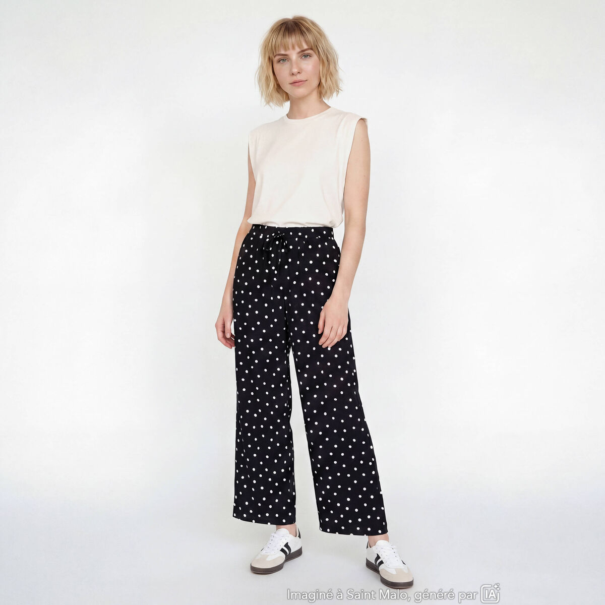 Pantalon large taille haute noir femme