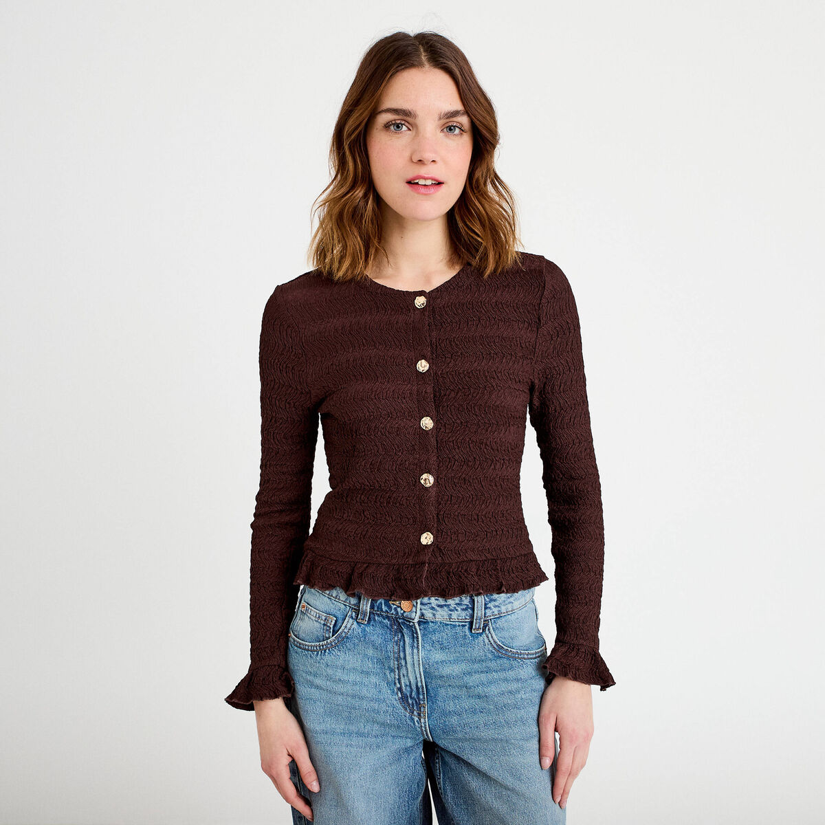 Gilet col rond manches longues bordeaux femme