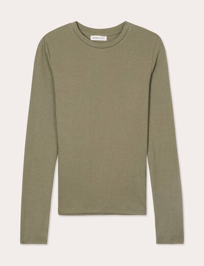 T-shirt cintr&eacute; col rond manches longues vert kaki femme