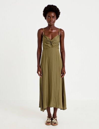 Robe longue &eacute;vas&eacute;e col v satin&eacute;e vert kaki femme