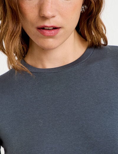 T-shirt cintr&eacute; col rond manches longues gris femme