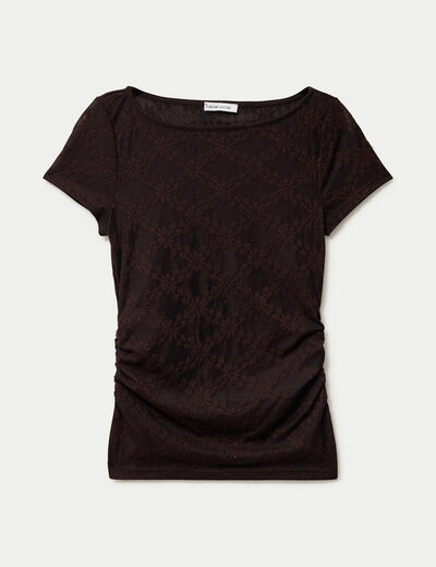 T-shirt ajust&eacute; dentelle col bateau marron fonc&eacute; femme