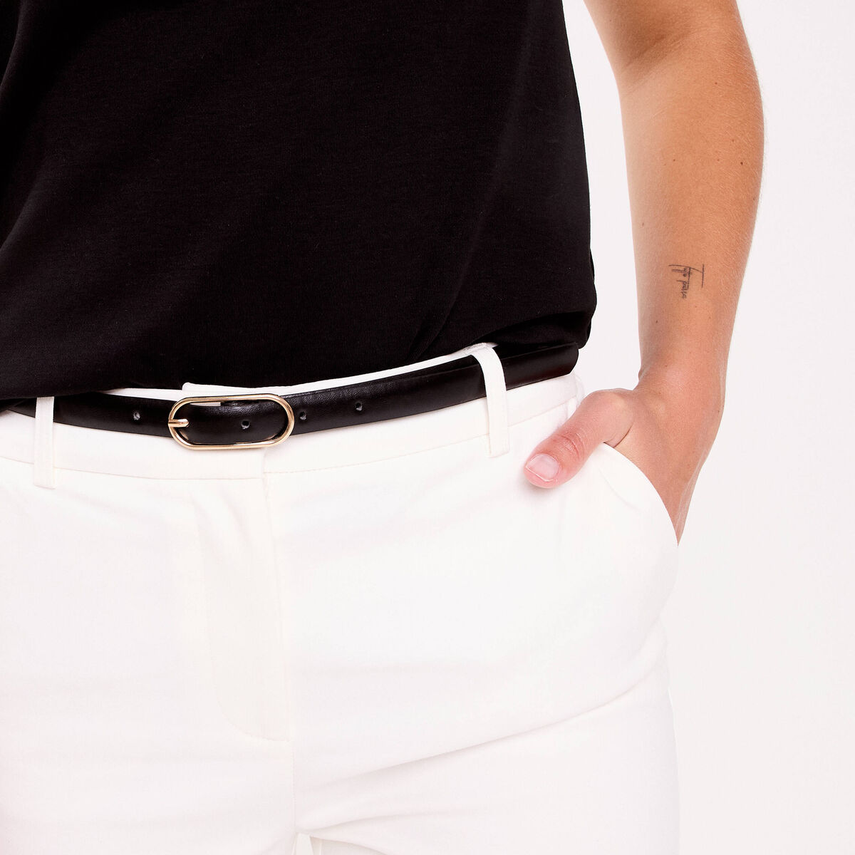 Pantalon cigarette ceintur&eacute; ecru femme