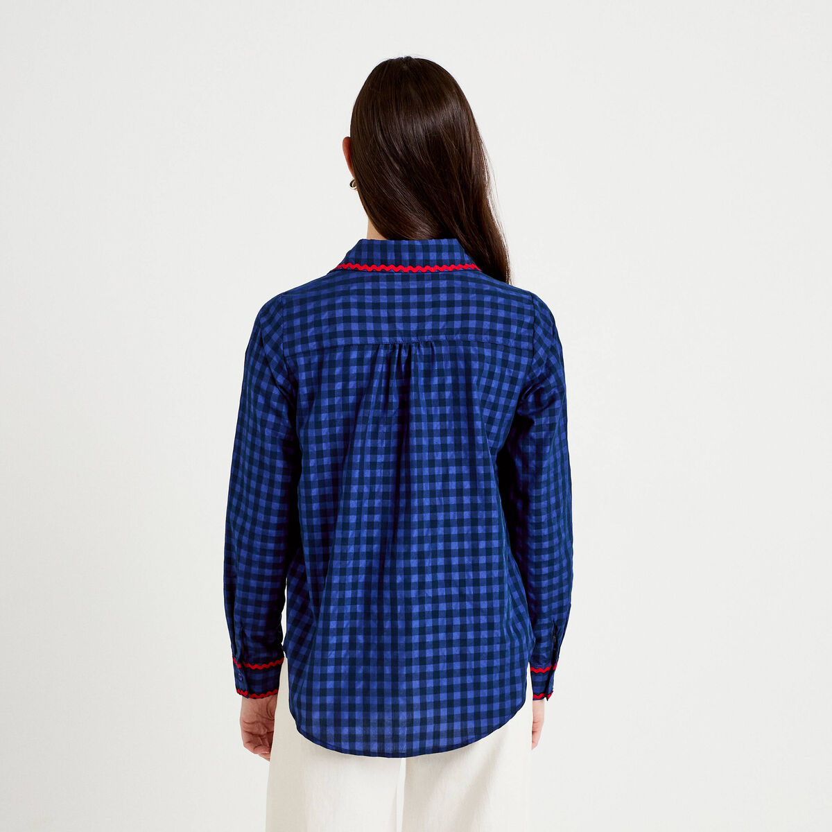 Chemise droite vichy col claudine bleu electrique femme