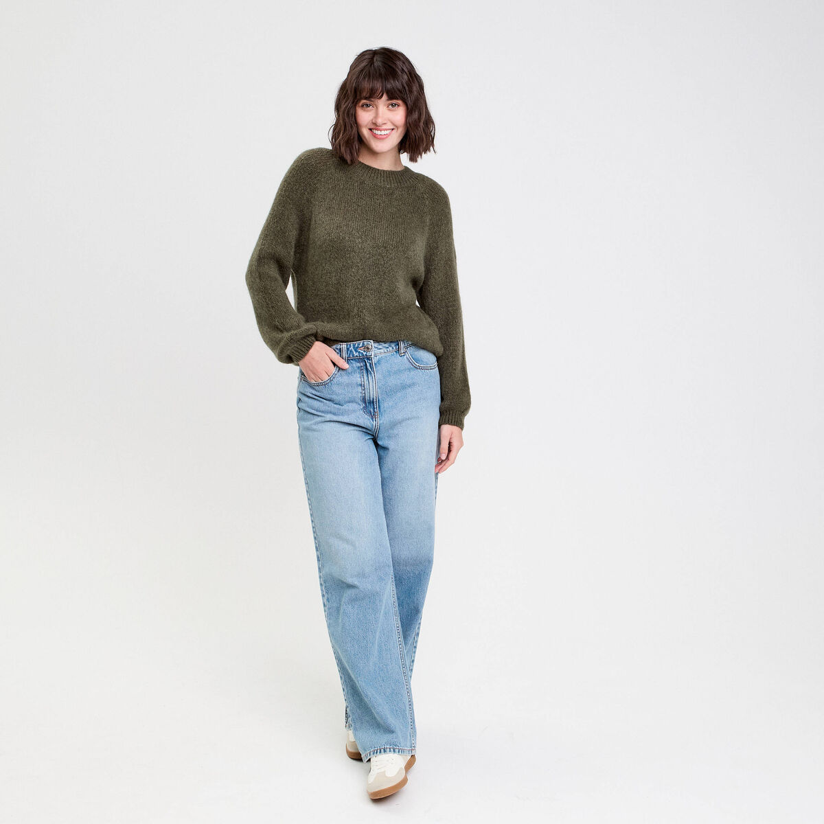 Pull manches longues vert kaki femme