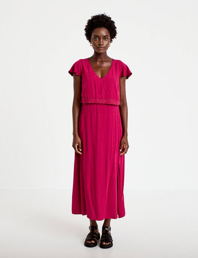 Robe longue droite col v manches courtes rouge femme