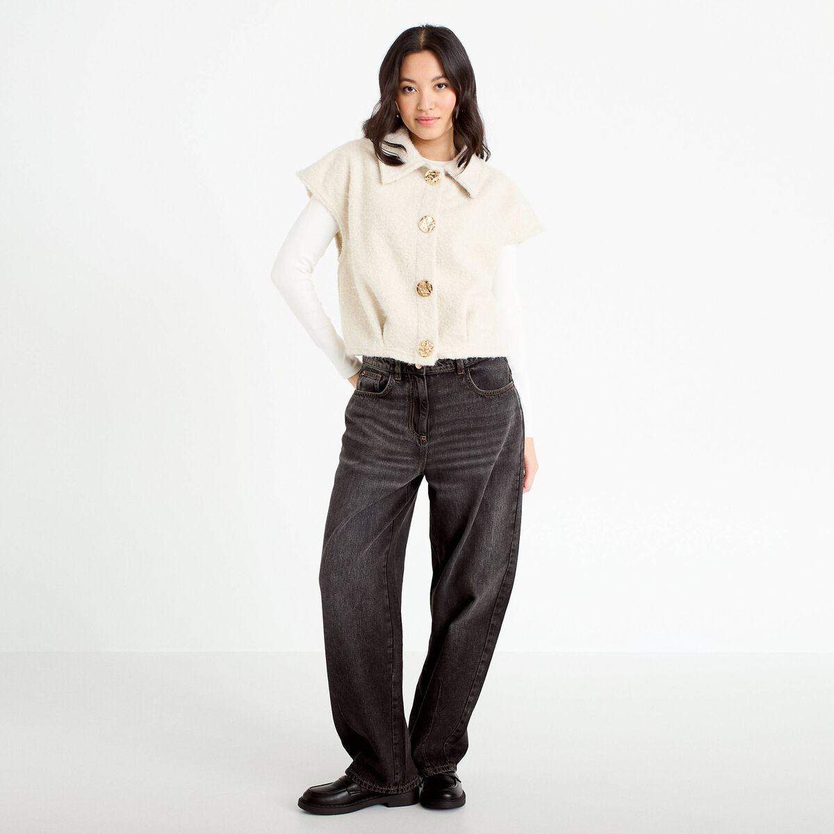 Veste sans manches bouclette col rond sable femme