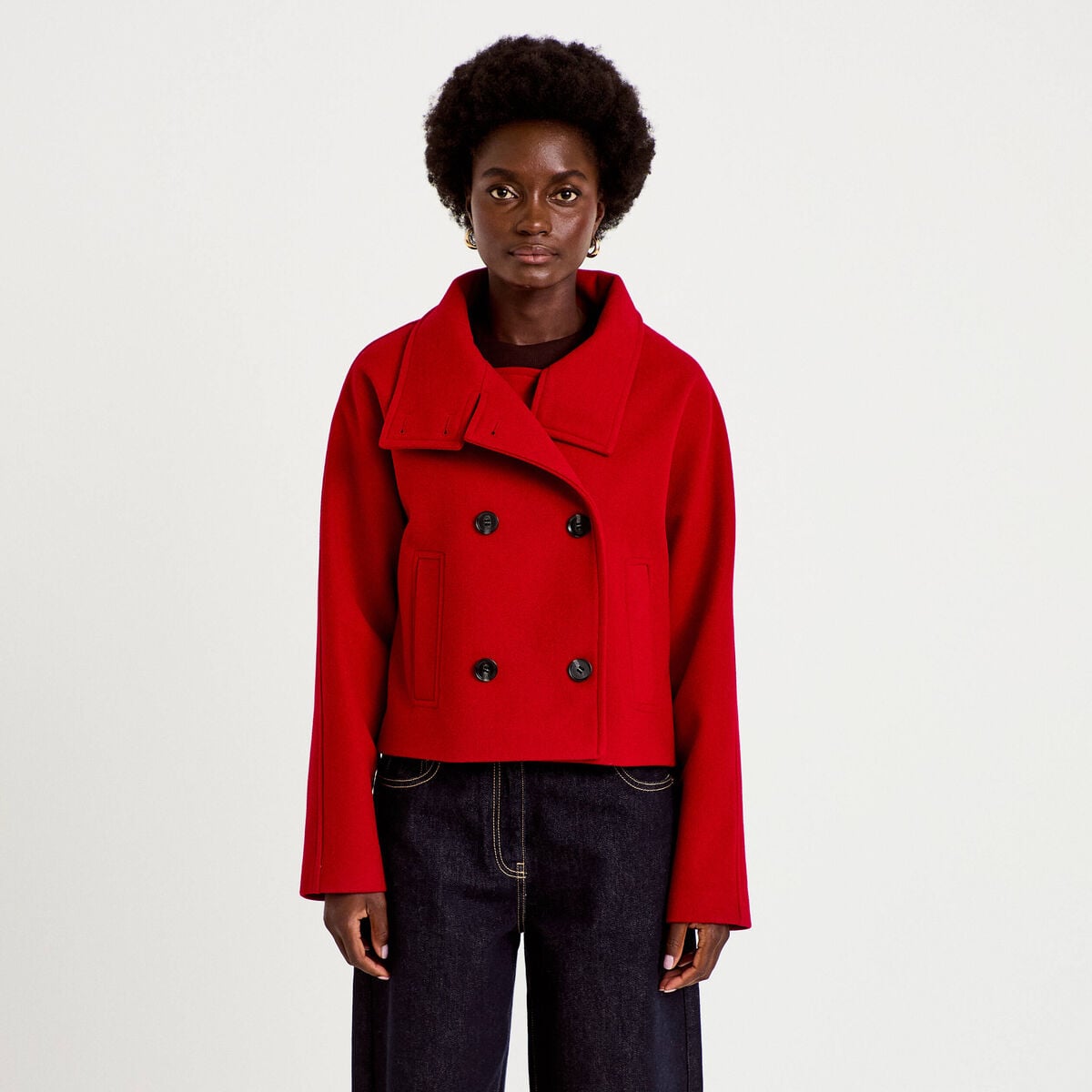 Caban court col montant rouge femme