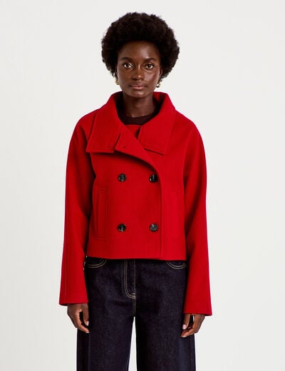 Caban court col montant rouge femme