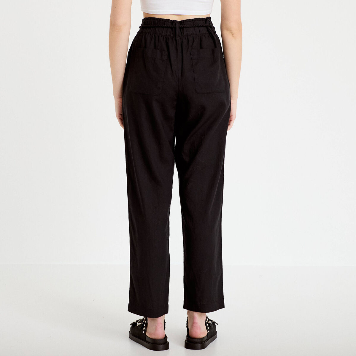 Pantalon large 7/8&egrave;me taille haute noir femme