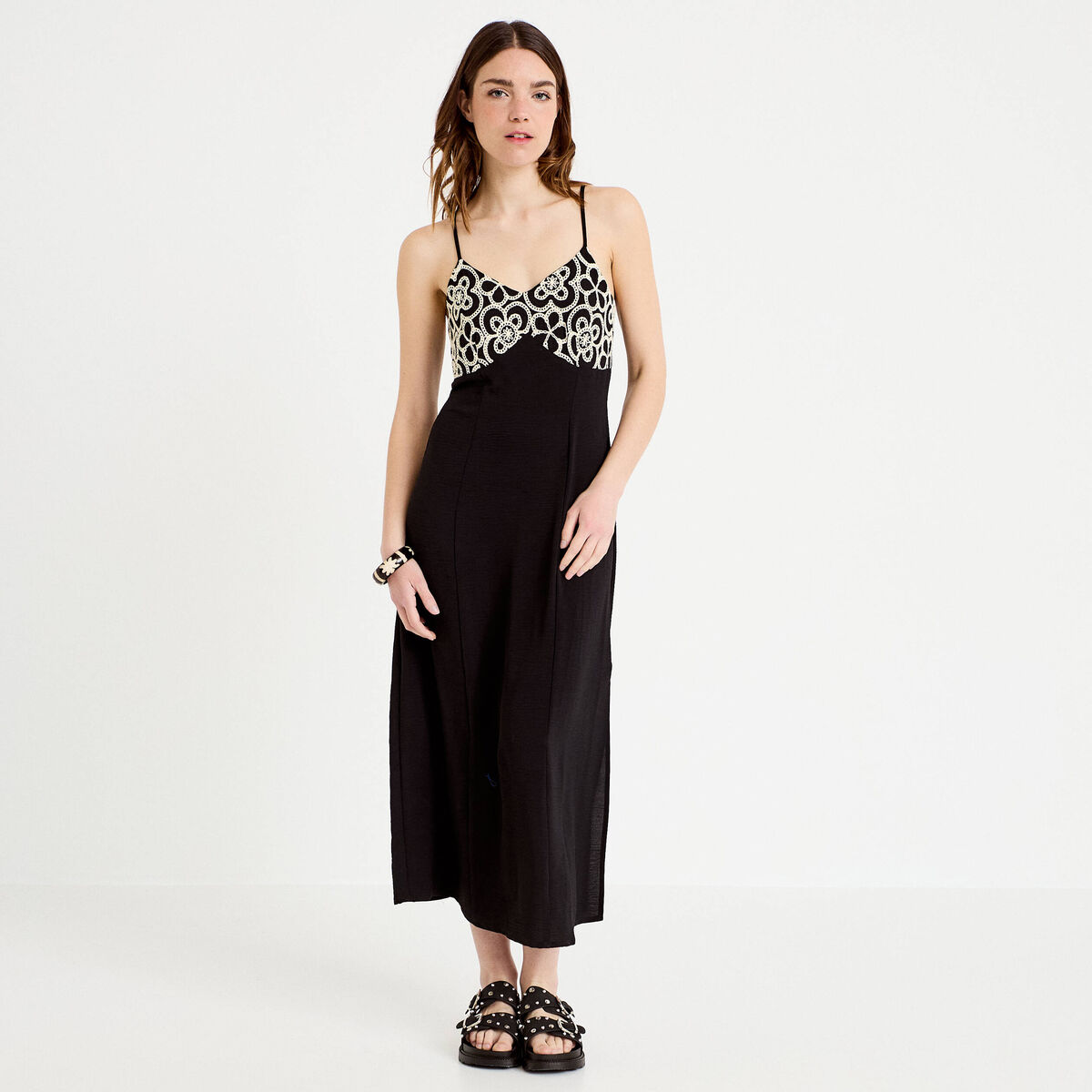 Robe longue droite col v bretelles fines noir femme
