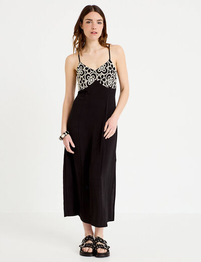 Robe longue droite col v bretelles fines noir femme
