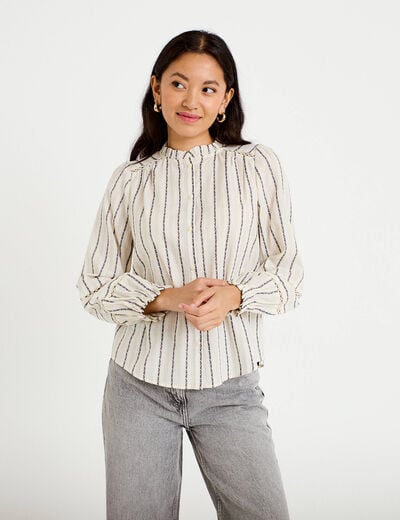 Blouse ajour&eacute;e manches longues blanc femme