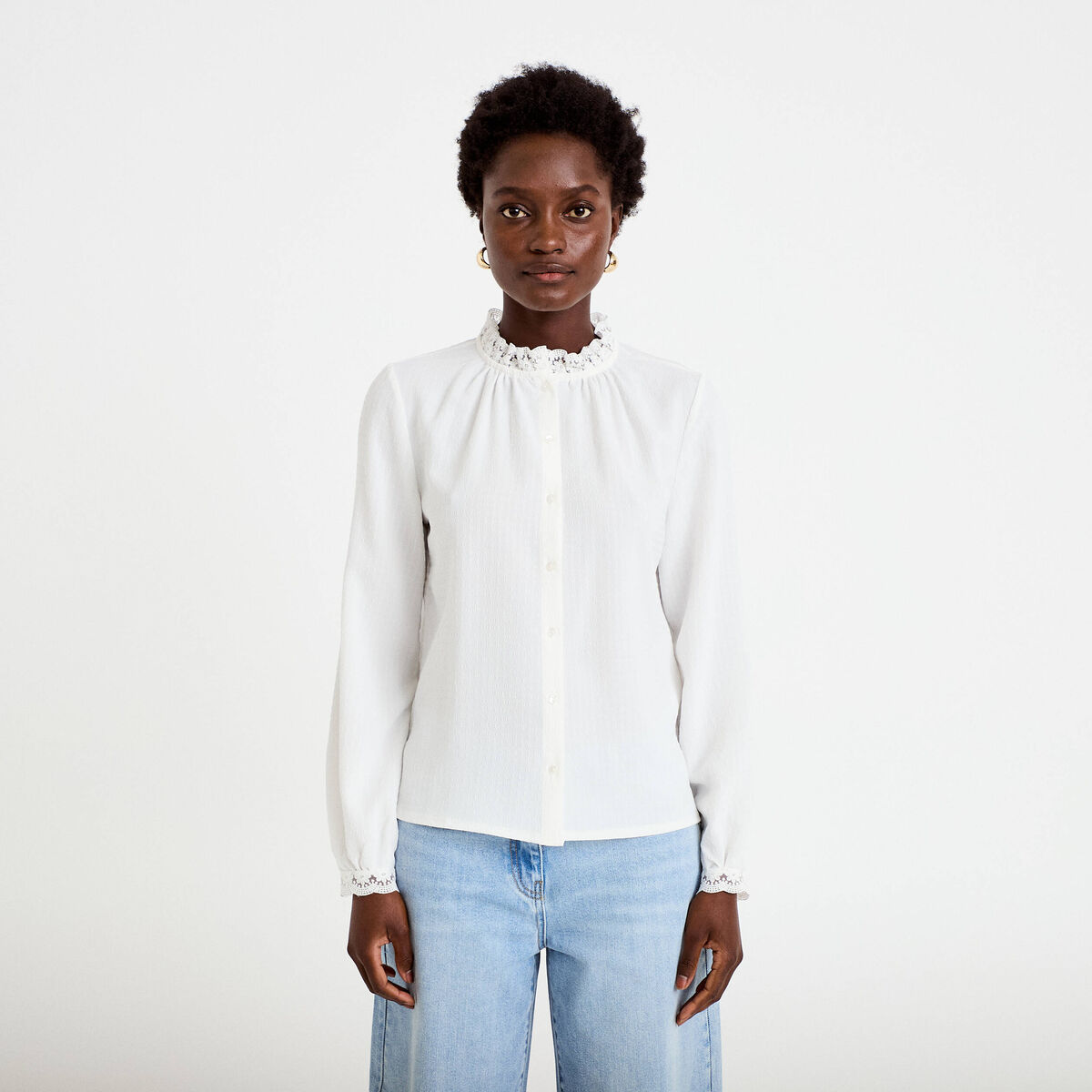 Chemise droite col montant dentelle ecru femme