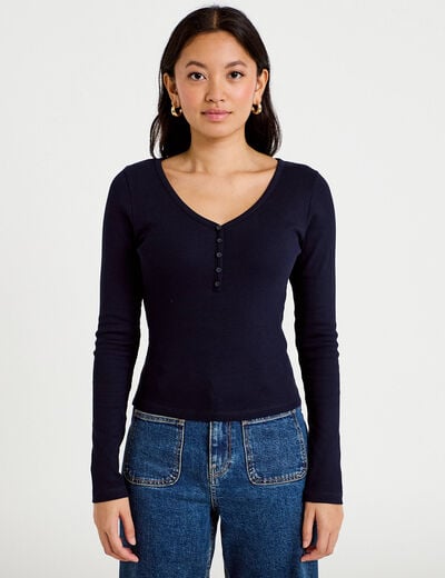 T-shirt c&ocirc;tel&eacute; ajust&eacute; manches longues bleu marine femme