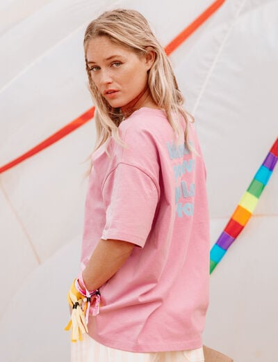T-shirt droit col rond manches courtes rose corail femme