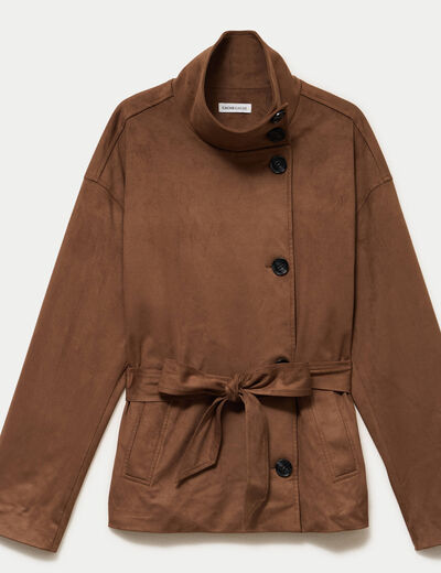 Veste col montant aspect daim marron femme