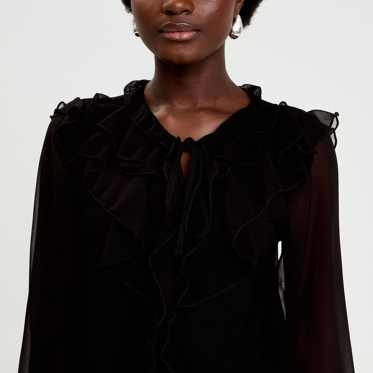 Blouse col v manches longues noir femme
