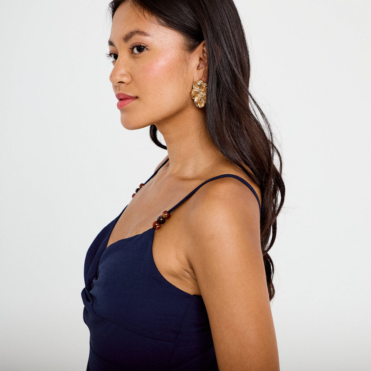 Robe longue &eacute;vas&eacute;e fendue bleu marine femme