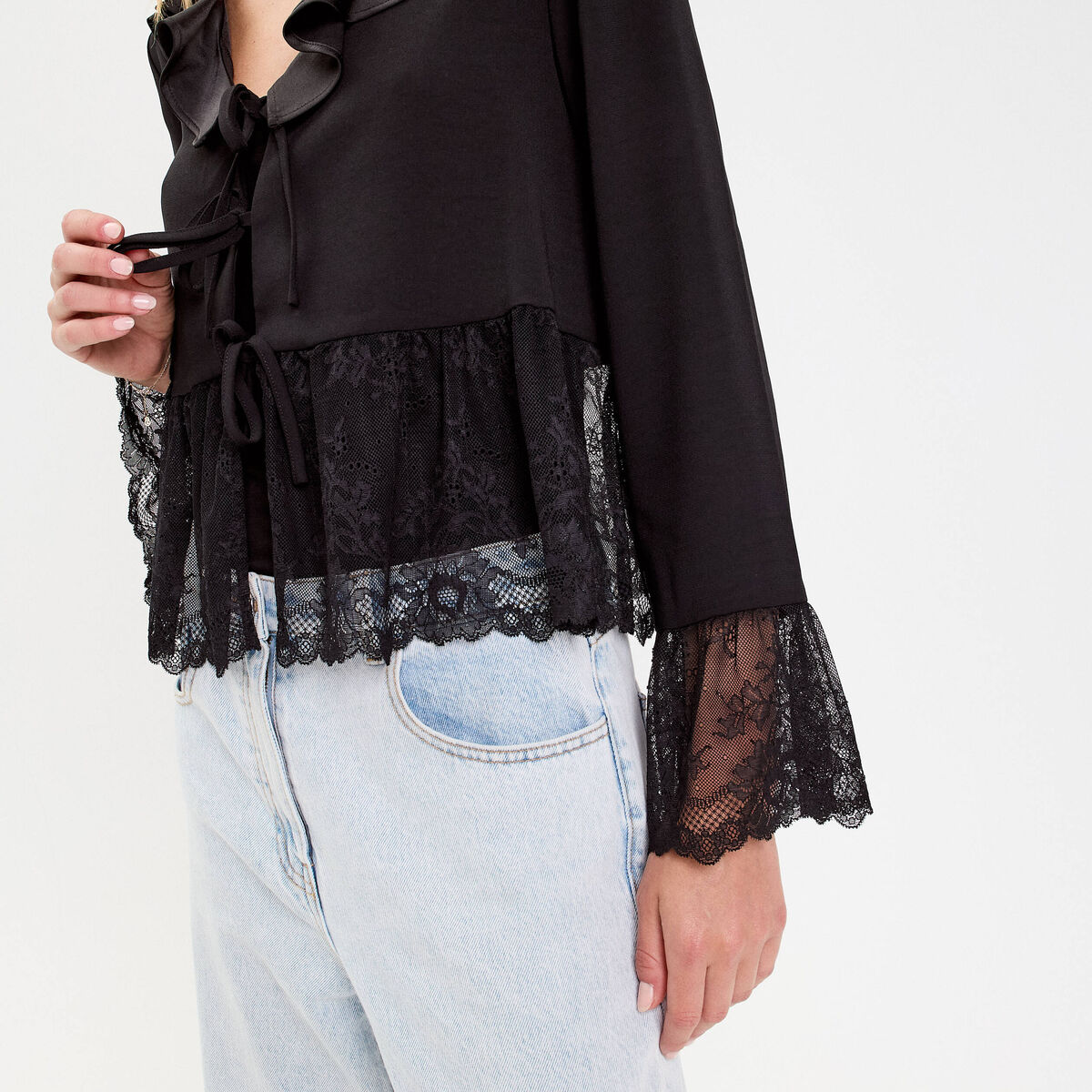 Blouse col V en dentelle noir femme