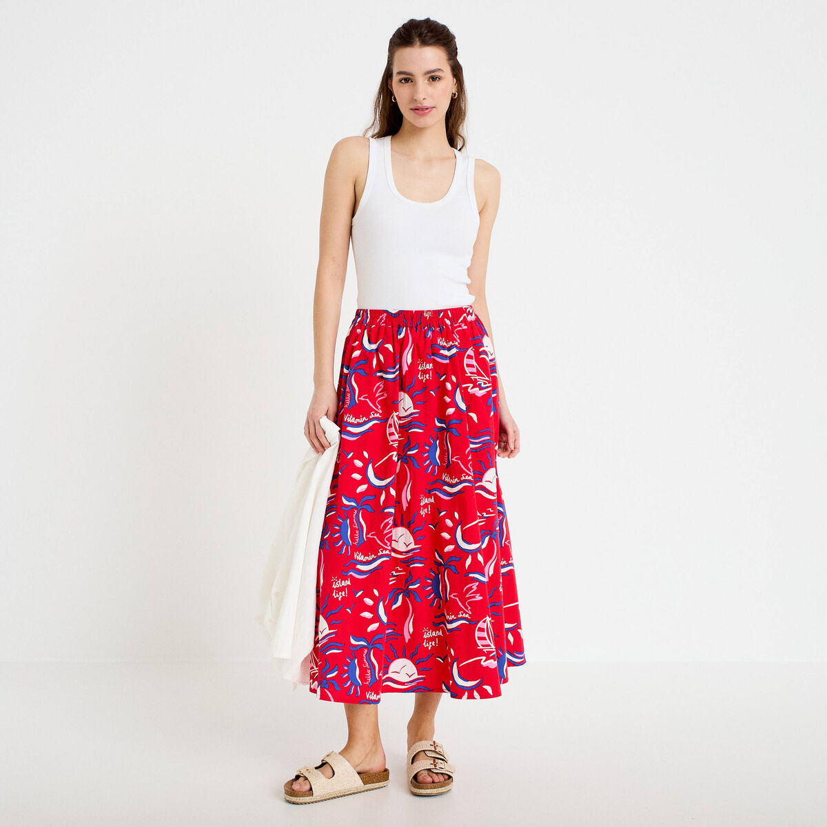 Jupon &eacute;vas&eacute; long rouge femme