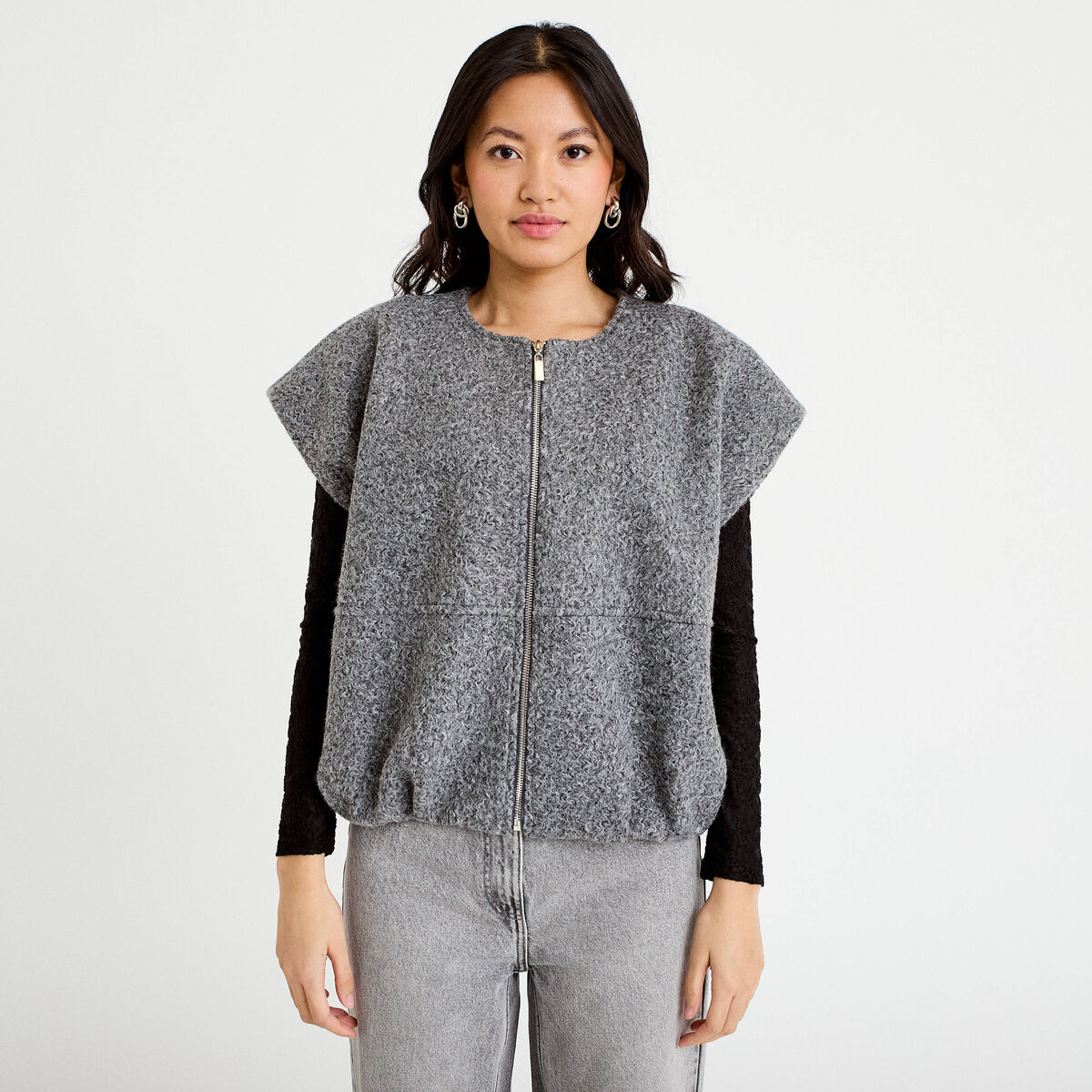 Gilet oversize sans manches col rond gris clair femme