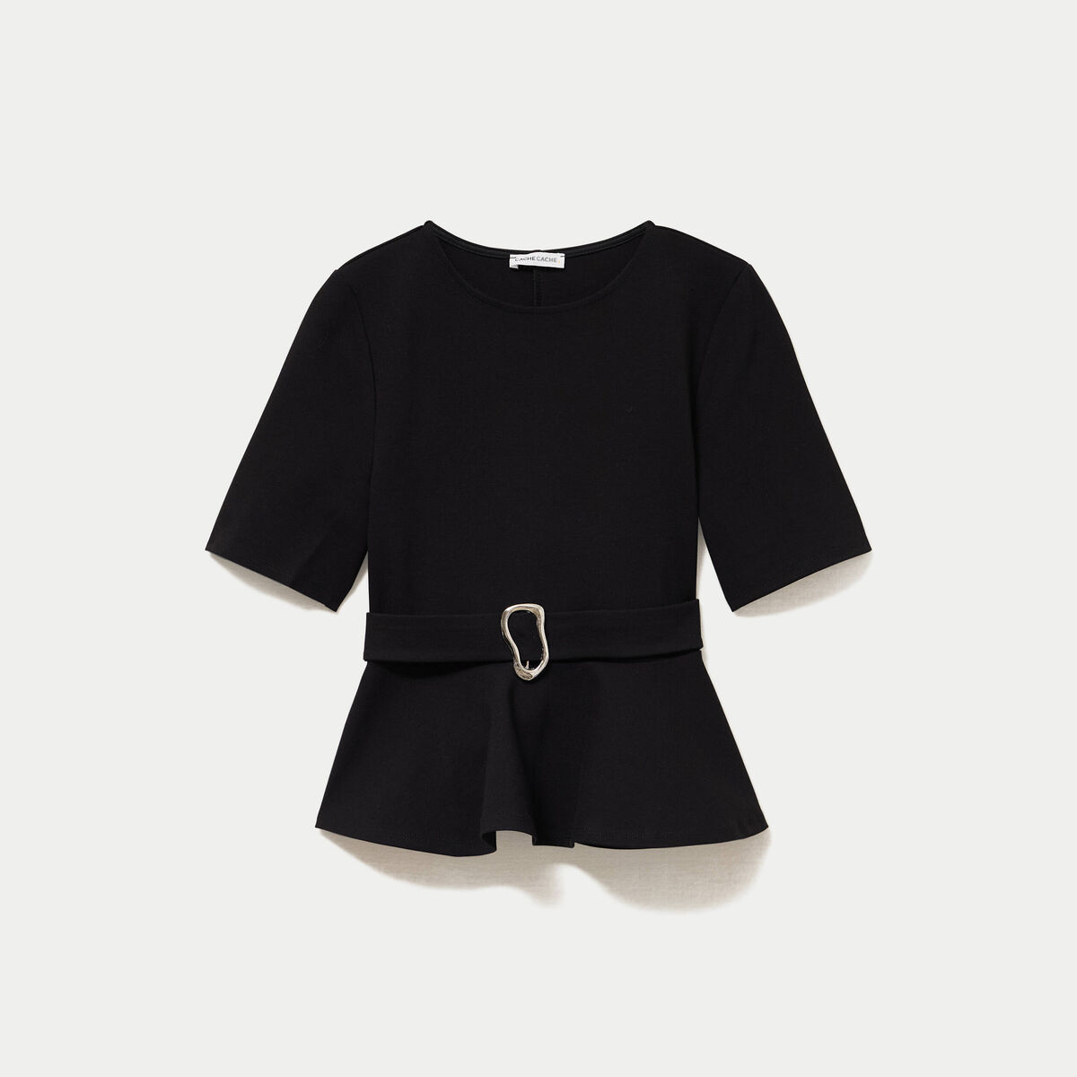Top p&eacute;plum ceintur&eacute; manches courtes noir femme