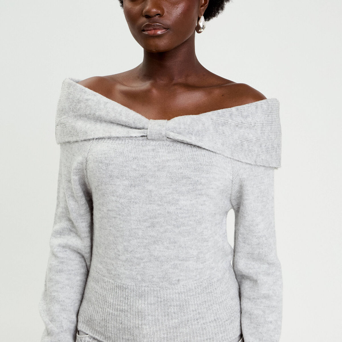 Pull col bardot manches longues gris clair femme