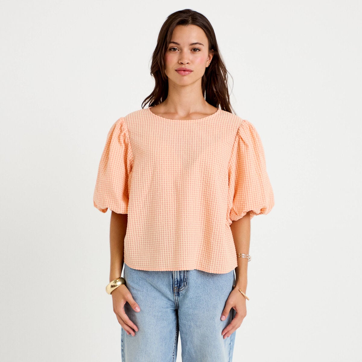 Blouse effet boule manches courtes orange femme