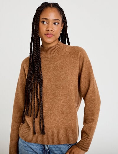 Pull col montant manches longues camel femme