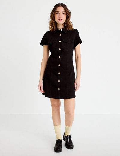 Robe courte trap&egrave;ze en jean col chemise noir femme