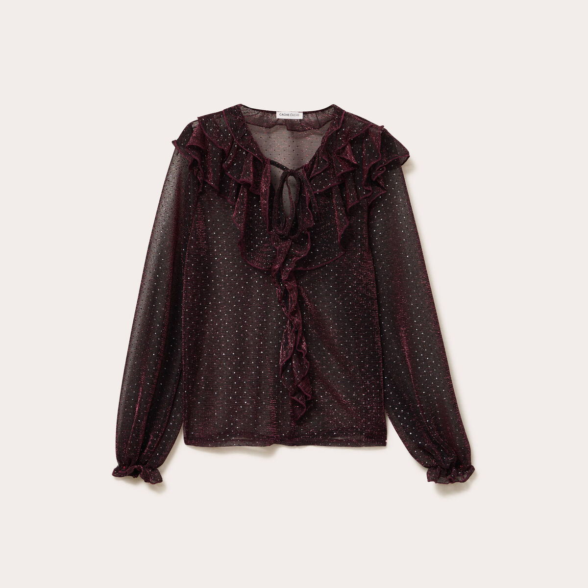 Blouse voile transparent paillet&eacute; violet fonc&eacute; femme