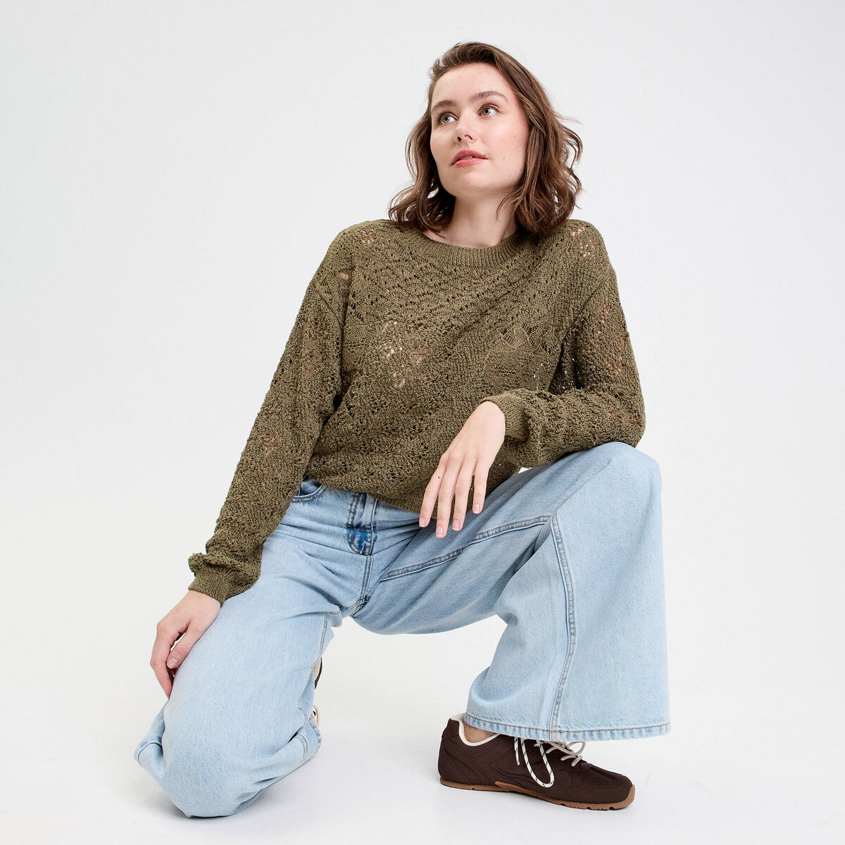 Pull manches longues vert fonc&eacute; femme