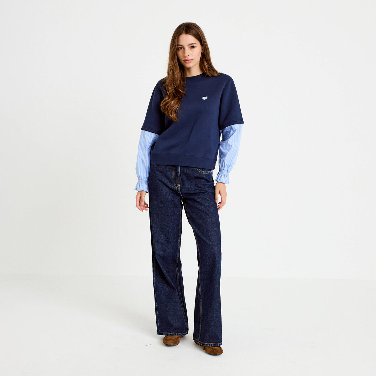 Sweat bi-mati&egrave;re manches longues bleu marine femme