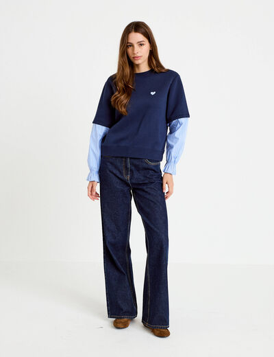 Sweat bi-mati&egrave;re manches longues bleu marine femme