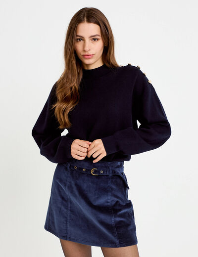 Jupe-short &eacute;vas&eacute;e velours ceinture bleu marine femme