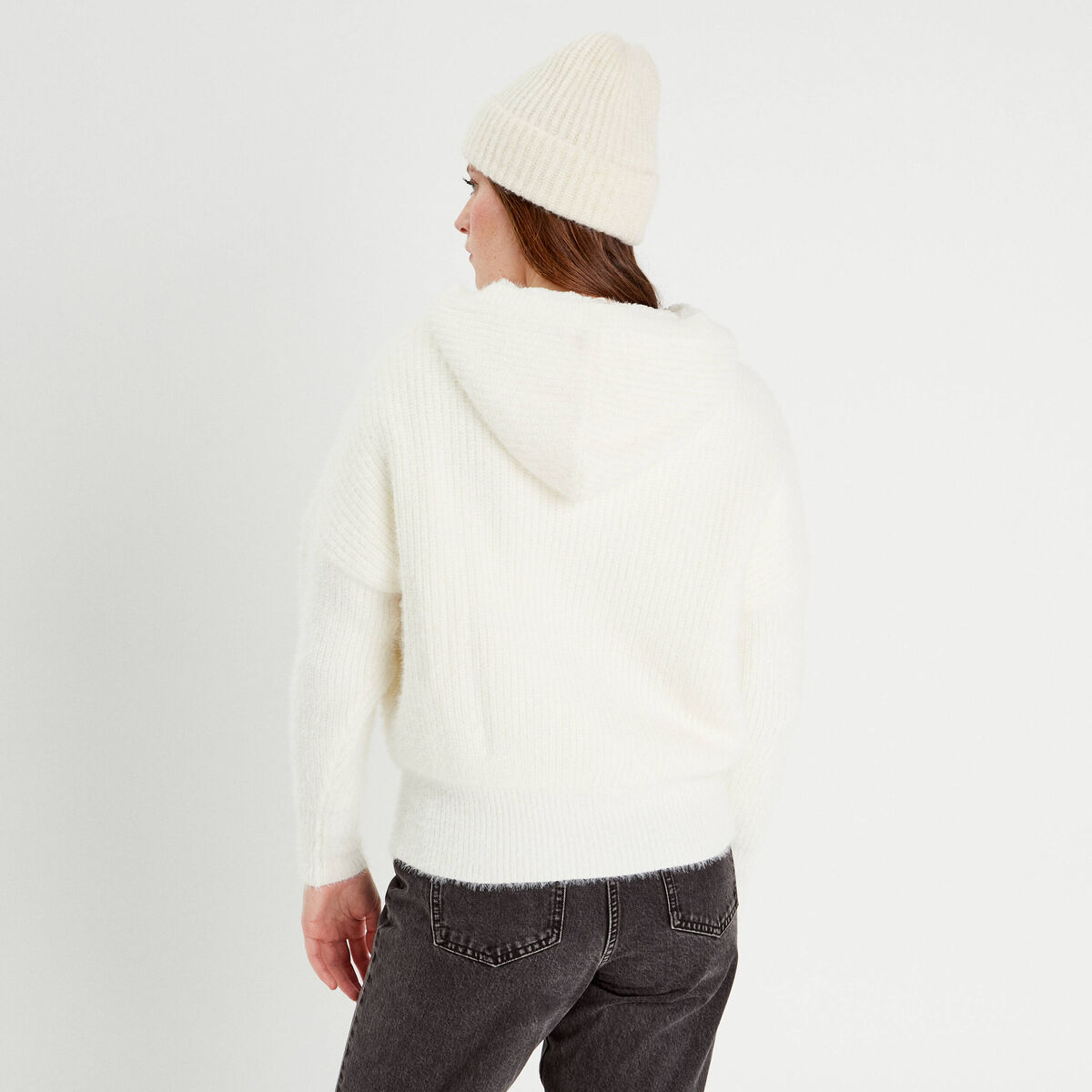 Gilet doubl&eacute; &agrave; capuche ecru femme