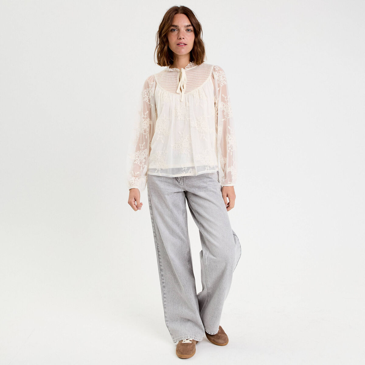 Blouse dentelle manches longues ecru femme